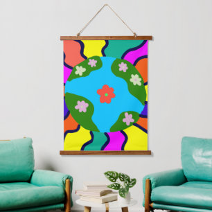 Earth Retro Vibes Art Wandteppich Mit Holzrahmen