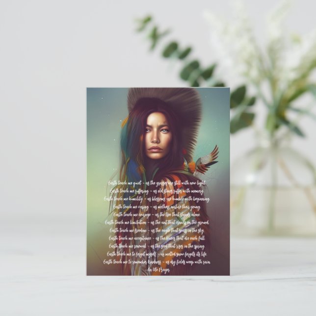 Earth Teach Me Gebet Indigene Frau Postkarte (Stehend Vorderseite)