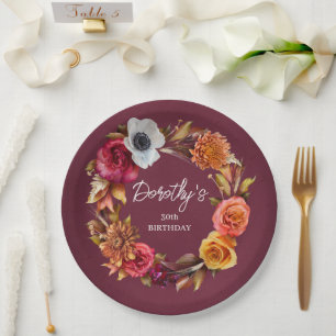 Earth Tone Burgundy Fall Blume 30. Geburtstag Pappteller