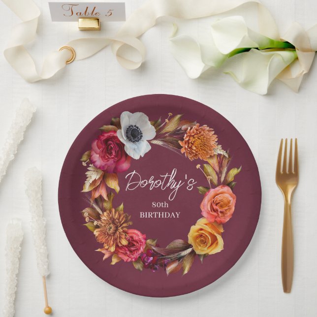 Earth Tone Burgundy Fall Blume 80. Geburtstag Pappteller (Hochzeit)