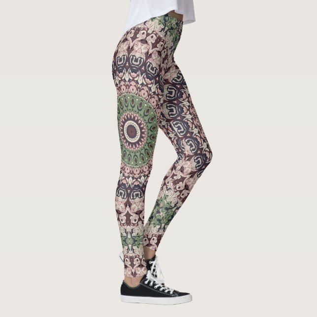 Earth Tone Green und Brown Mandala Pattern Leggings (Rechts)