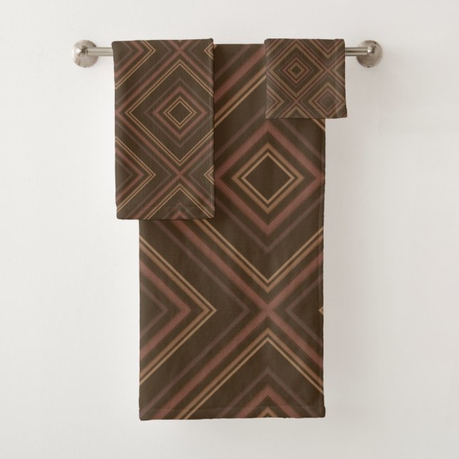 Earth Tone Hypnotic Diamond Moderne Abstrakte Kuns Badhandtuch Set (Insitu)