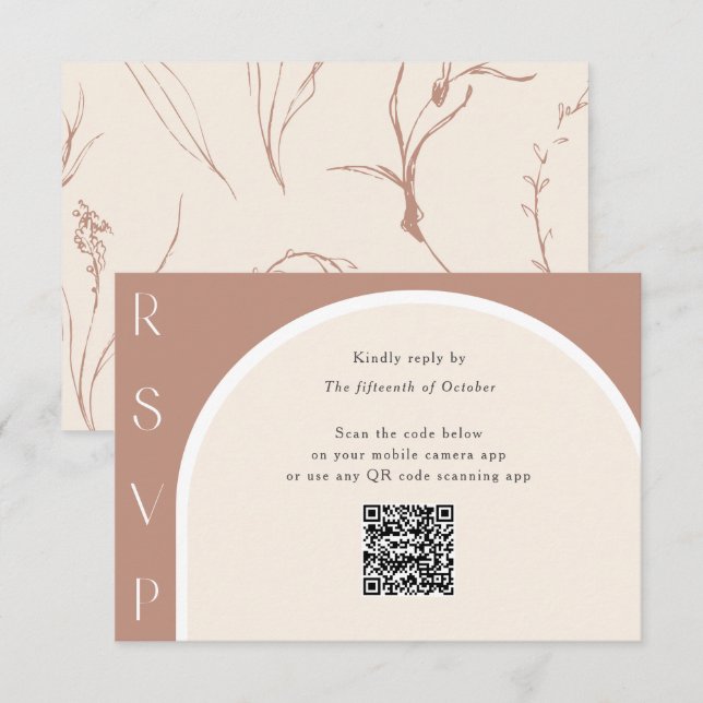 Earth Tone Modern Simple Arch QR Code Hochzeit RSVP Karte (Vorne/Hinten)