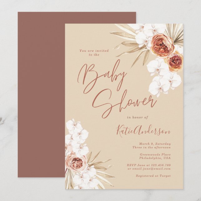Earth Toned Pampas Grass Boho Babydusche Einladung (Vorne/Hinten)