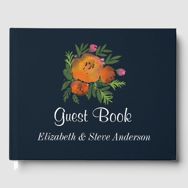 Earth Tones Burnt Orange Navy Floral Wedding Gästebuch (Vorderseite)