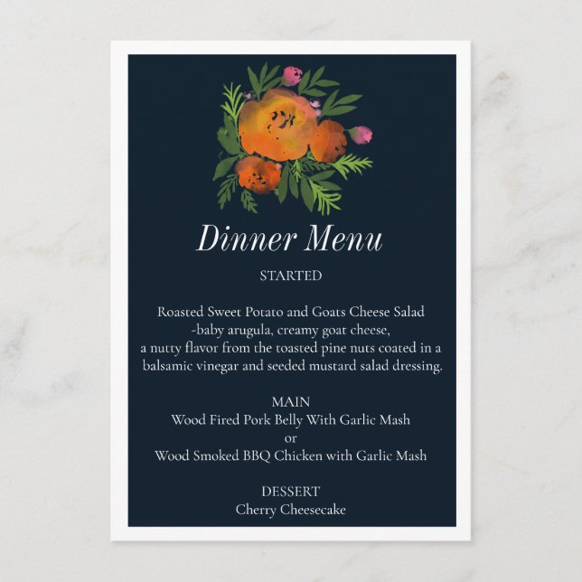Earth Tones Burnt Orange Navy Floral Wedding Menükarte (Vorderseite)