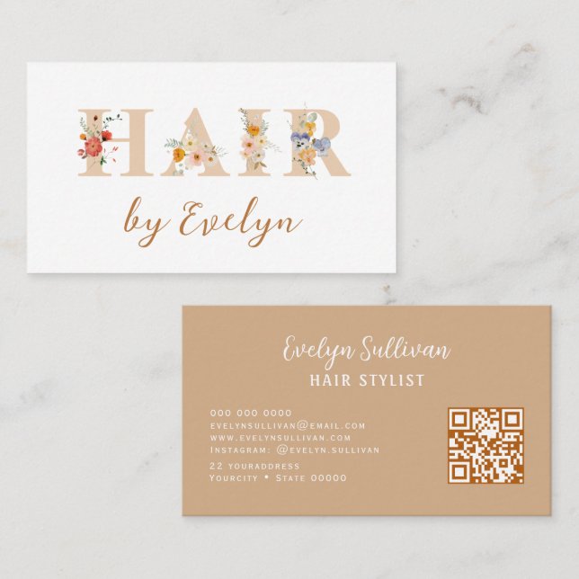 Earth Tones Floral Letters Hair Business Card Visitenkarte (Vorne/Hinten)