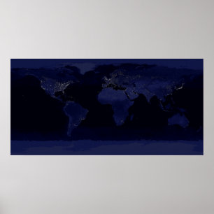 Earth World Map City Lights am Night Satellite Poster