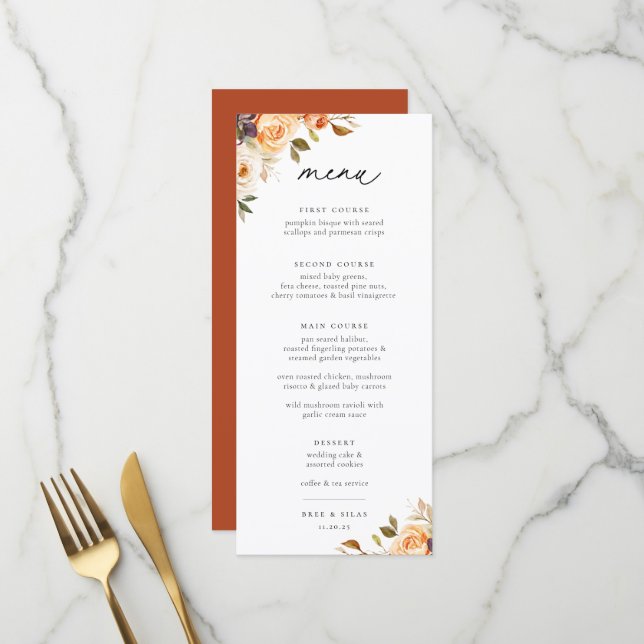 "Earthy Autumn Floral Wedding" Menükarte (Vorderseite/Rückseite Beispiel)
