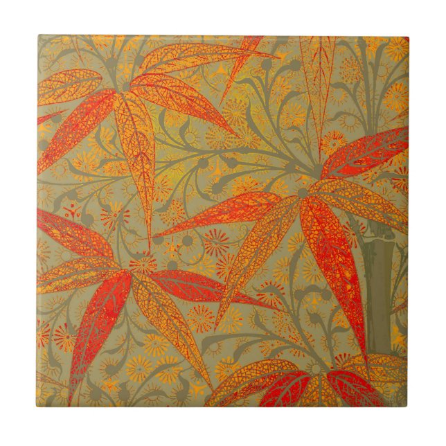 Earthy Bamboo Art Vintag Print Orange Fliese (Vorderseite)