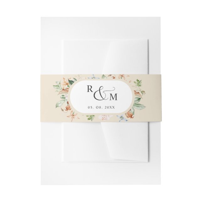 Earthy Blooms Buttery Beige Oval Monogram Wedding Einladungsbanderole (Vorderseite Beispiel)