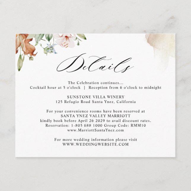 Earthy Blooms Wedding Details Beige Wasserfarbe Begleitkarte (Vorderseite)