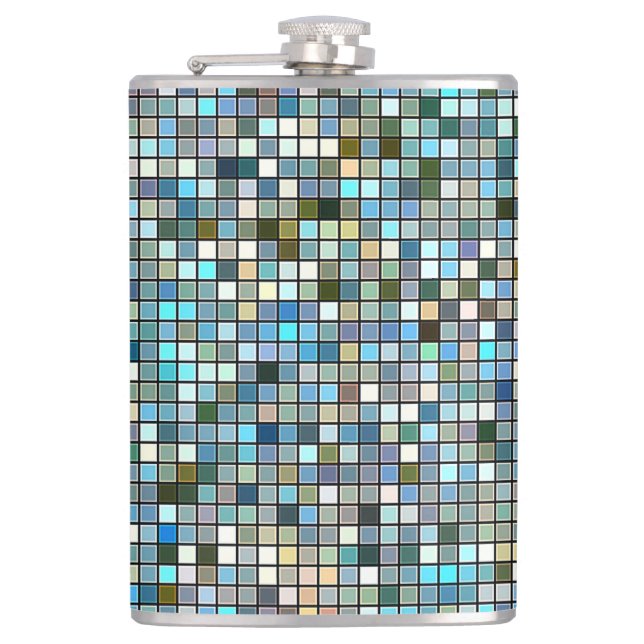 Earthy Blue Square Tiles Pattern Flachmann (Vorderseite)