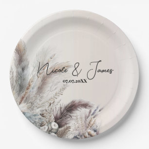 Earthy Bohemisch Floral Feathers Wedding Pappteller