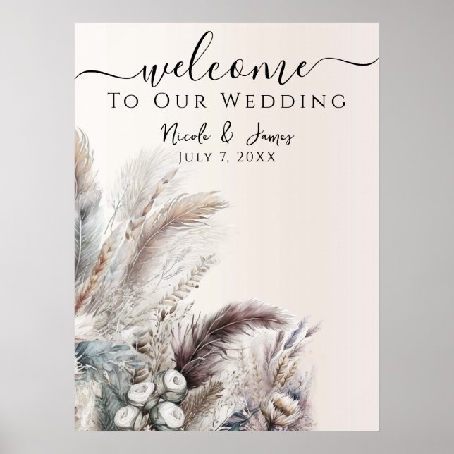 Earthy Bohemisch Floral Feathers Wedding Poster (Vorne)