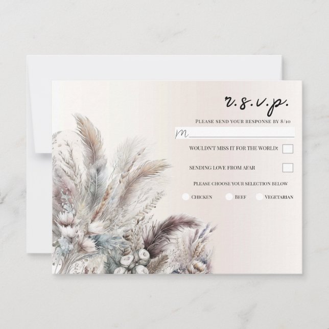 Earthy Bohemisch Floral Feathers Wedding RSVP Einladung (Vorderseite)