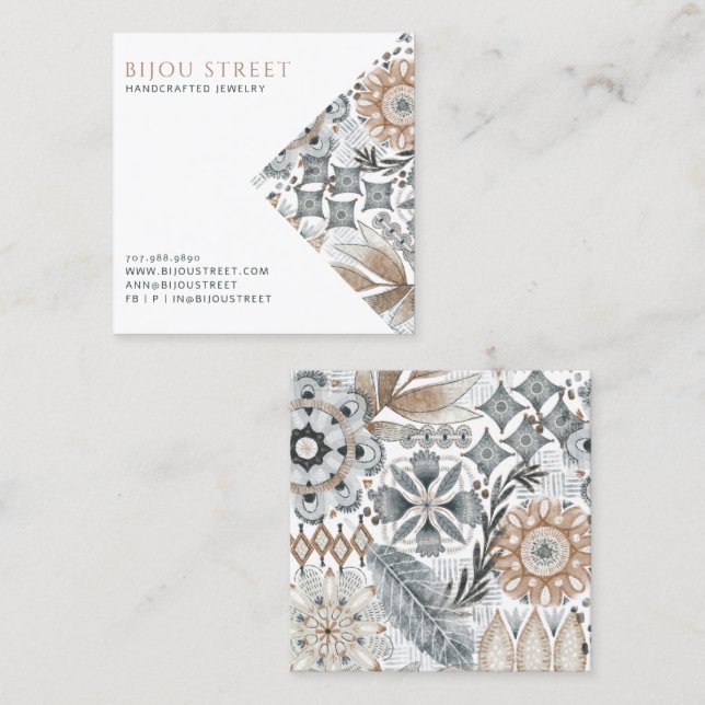 Earthy Boho Abstrakt Jewelier Designer Quadratische Visitenkarte (Vorne/Hinten)