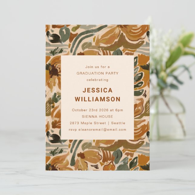 Earthy Boho Botanical Elegant Graduation Party Einladung (Stehend Vorderseite)