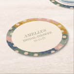 Earthy Boho Chic Vintage Custom Bridal Shower Runder Pappuntersetzer<br><div class="desc">Elevate your celebration with these Customizable Modern Hexagon Pattern Bridal Shower Coasters, featuring a sophisticated design in earthy tones of green, beige, blue, and golden hues. Perfect for bridal showers, weddings, or any special event, these coasters add a personalized and stylish touch to your tablescape. The hexagon border and minimalist...</div>