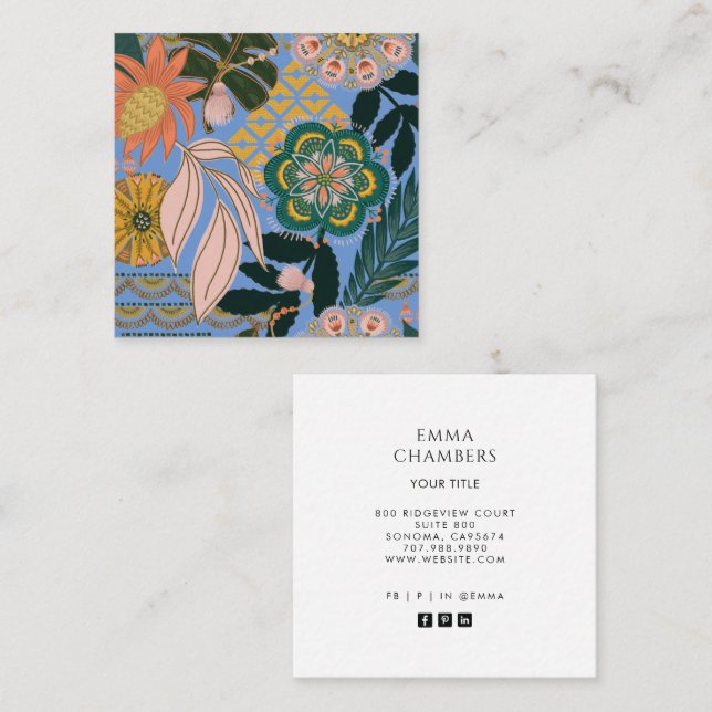Earthy Boho Gold Blue Tropical Floral Business Quadratische Visitenkarte (Vorne/Hinten)