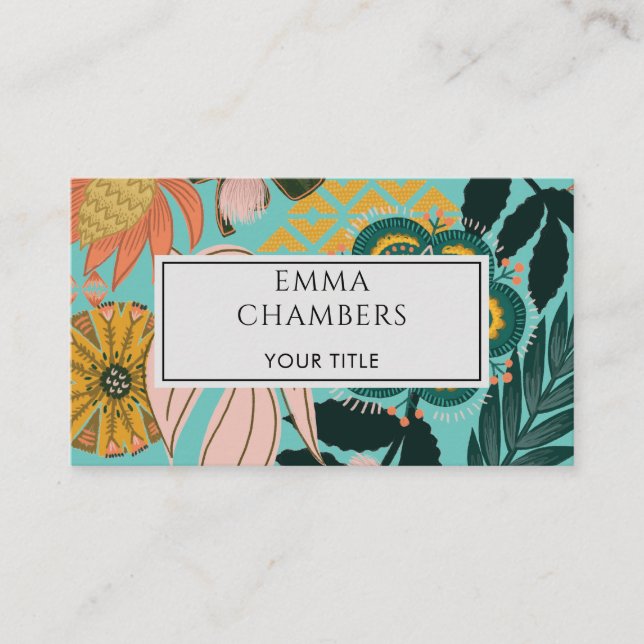 Earthy Boho Gold Turquoise Tropical Floral Visitenkarte (Vorderseite)