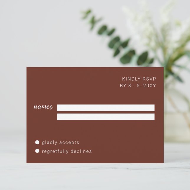 Earthy Boho Minimalistisch Script Calligraphy Wedd RSVP Karte (Stehend Vorderseite)