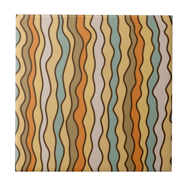 Earthy Boho Retro Wavy Stripe Fliese (Vorderseite)