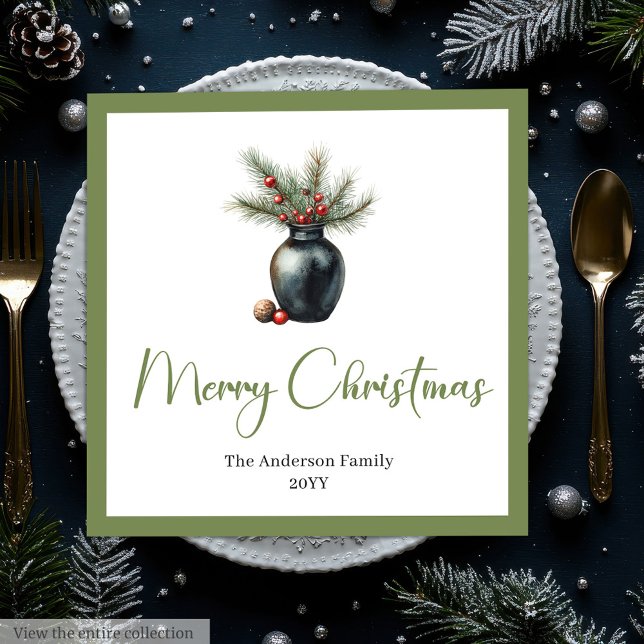 Earthy Boho Watercolor Pine Wreath Holiday Napkins Serviette (Earthy Boho Watercolor Pine Wreath Holiday Napkins)