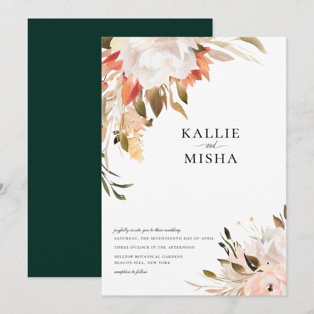 Earthy Botanical Floral Bouquet Wedding Einladung (Vorne/Hinten)