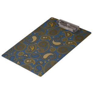 Earthy Brown Paisley Muster auf blauem Stoff Klemmbrett