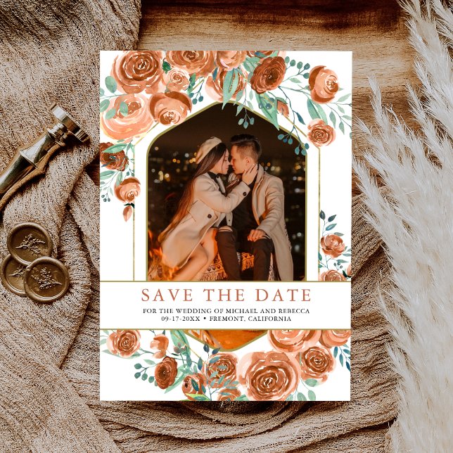 Earthy Burnt Orange Rose Terracotta Floral Wedding Save The Date (Von Creator hochgeladen)