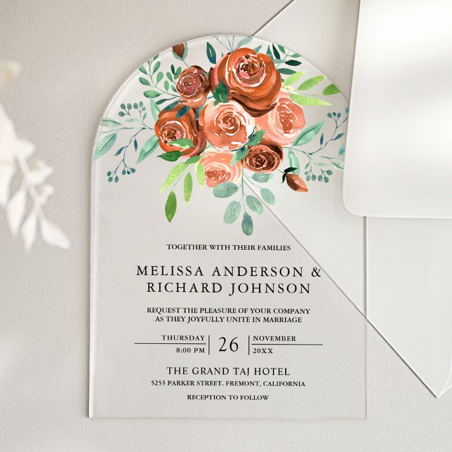 Earthy Burnt Orange Roses Bouquet Floral Wedding Acryleinladungen (Von Creator hochgeladen)