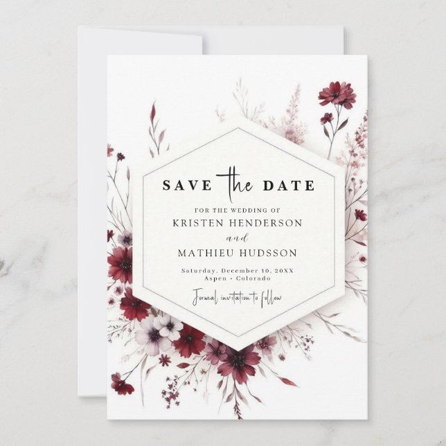Earthy Chic Burgundy Floral Wedding Save The Date (Vorderseite)