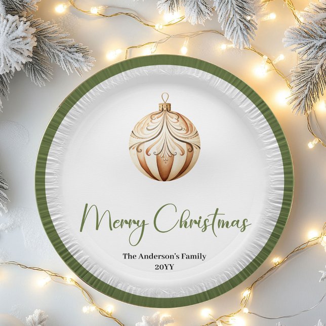 Earthy Christmas Bauble Family Name Holiday   Pappteller (Personalized Minimal Christmas Tree Tableware Bundle)