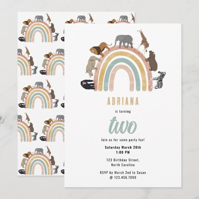 Earthy Colors Rainbow Jungle Animals Birthday Einladung (Vorne/Hinten)