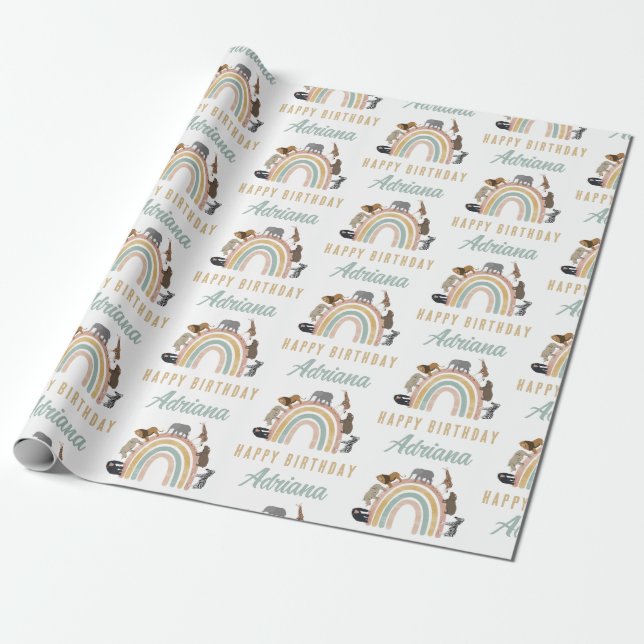 Earthy Colors Rainbow Jungle Animals Geburtsname Geschenkpapier (Ungerollt)