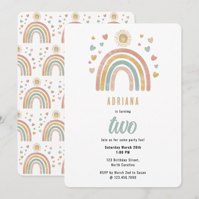 Earthy Colors Watercolor Rainbow Sun Birthday Einladung (Vorne/Hinten)