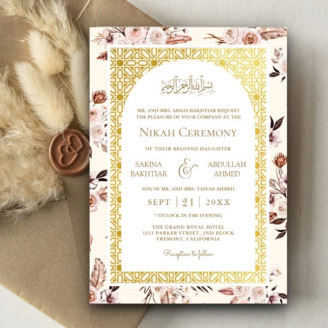 Earthy Cream Floral Gold Muster muslimische Hochze Einladung (Von Creator hochgeladen)