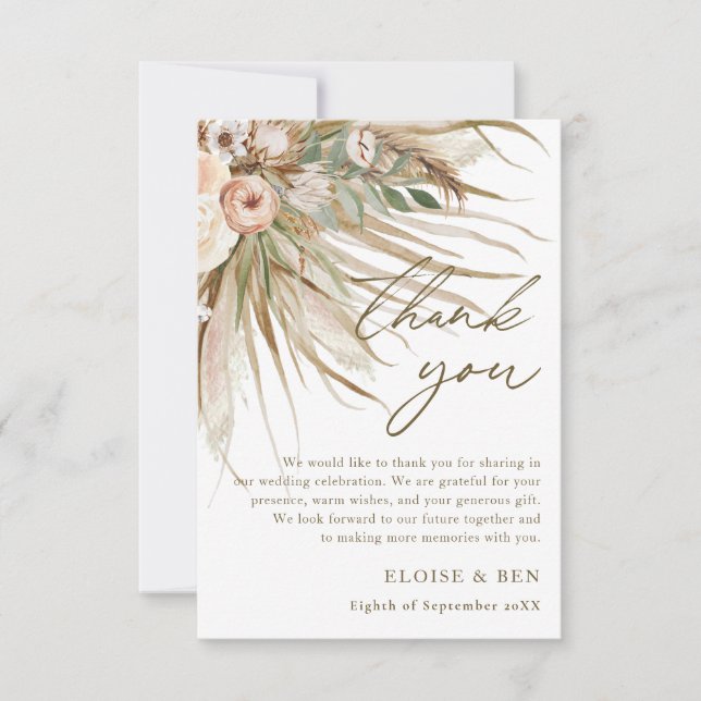 Earthy Drithy Pampas Grass Floral Wedding Bridal Dankeskarte (Vorderseite)