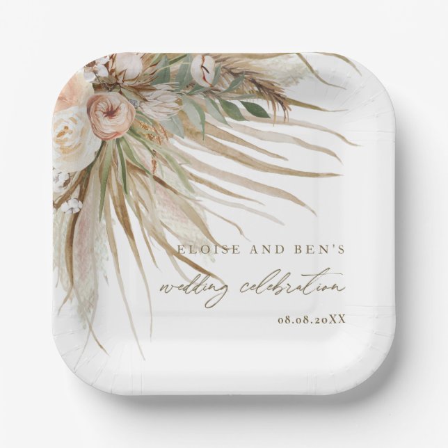 Earthy Drithy Pampas Grass Floral Wedding Bridal Pappteller (Vorderseite)