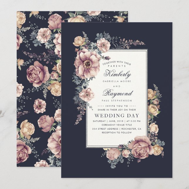 Earthy Dusty Rose and Navy Blue Floral Wedding Einladung (Vorne/Hinten)