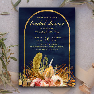 Earthy Floral Arch Gold Navy Blue Brautparty Einladung
