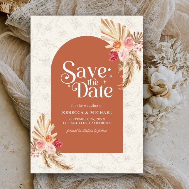 Earthy Floral Pampas Terracotta Wedding Save The Date (Von Creator hochgeladen)