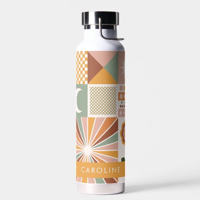 Earthy Geometric 70er Retro Personalisiert Name Trinkflasche (Links)