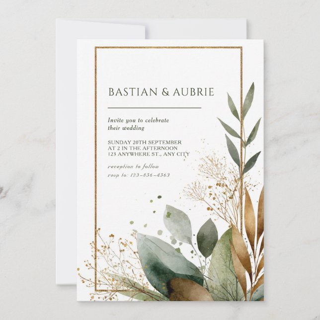 Earthy Green & Gold Minimalistisch Leaf Wedding Einladung (Vorderseite)