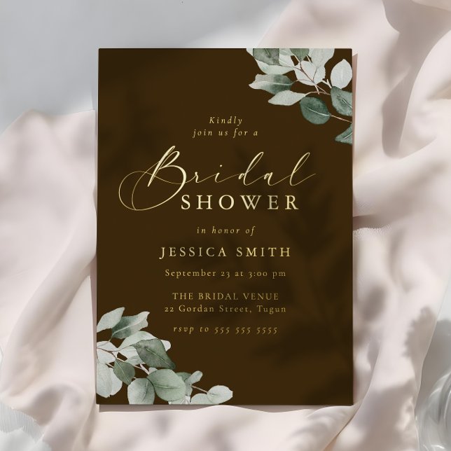 Earthy Green Leaves Rustic Gold Bridal Shower Folieneinladung (Von Creator hochgeladen)