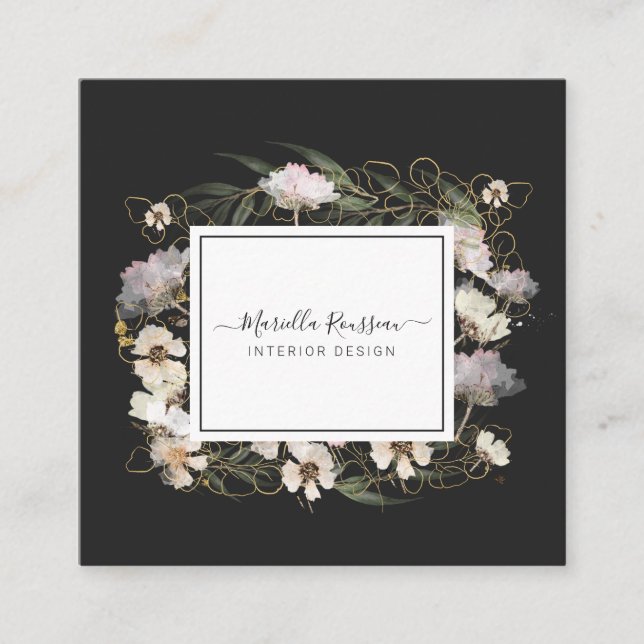 Earthy Greenery Floral Gold Glitzer Black Quadratische Visitenkarte (Vorderseite)