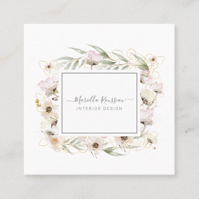 Earthy Greenery Floral Gold Glitzer Business Card Quadratische Visitenkarte (Vorderseite)