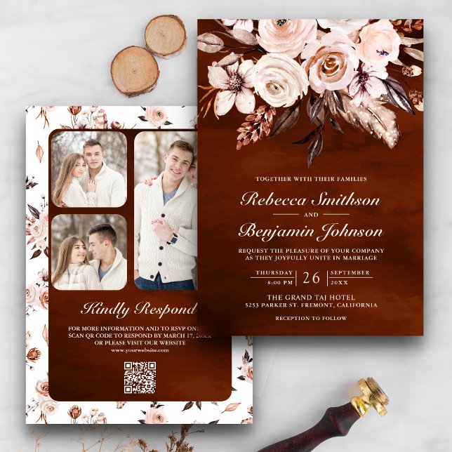 Earthy Ivory Floral QR Code Terracotta Wedding Einladung (Von Creator hochgeladen)