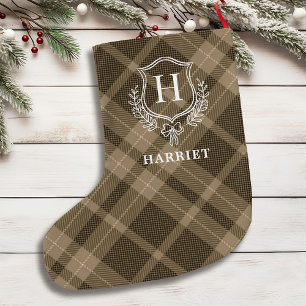 Earthy Kariert Monogram Initial Tartan Großer Weihnachtsstrumpf